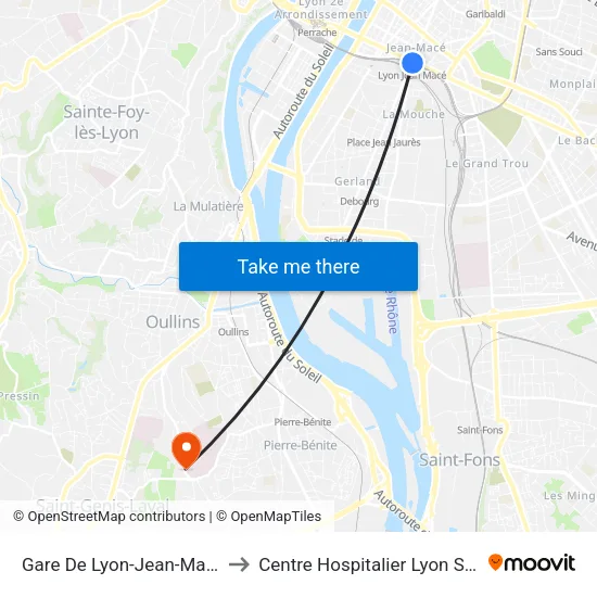 Gare De Lyon-Jean-Macé to Centre Hospitalier Lyon Sud map