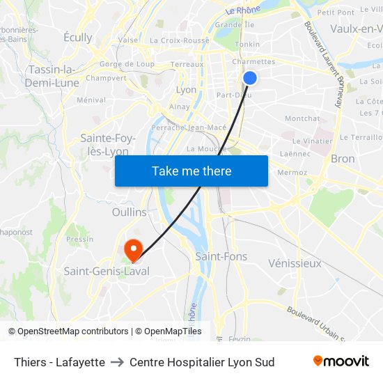 Thiers - Lafayette to Centre Hospitalier Lyon Sud map