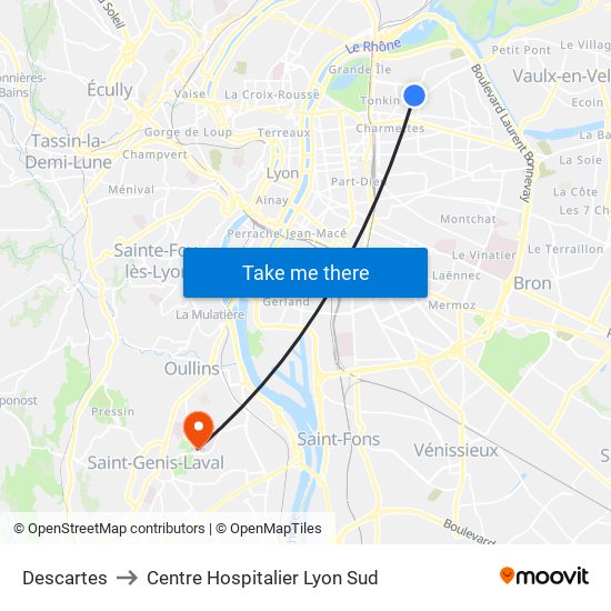 Descartes to Centre Hospitalier Lyon Sud map
