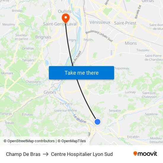 Champ De Bras to Centre Hospitalier Lyon Sud map