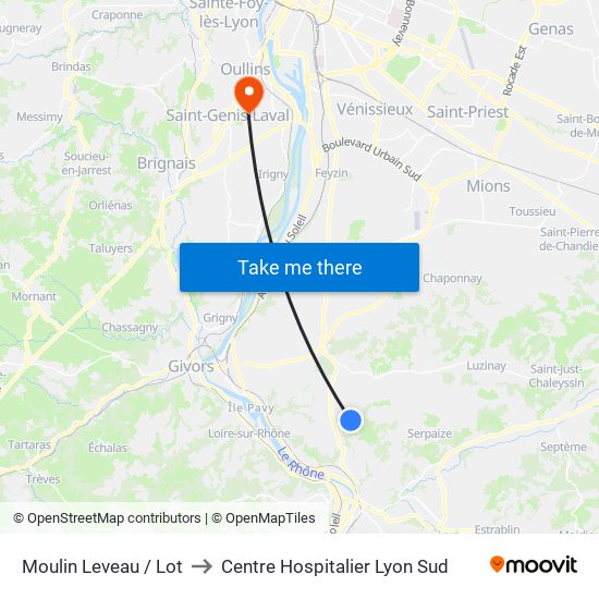 Moulin Leveau / Lot to Centre Hospitalier Lyon Sud map