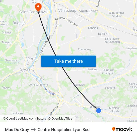 Mas Du Gray to Centre Hospitalier Lyon Sud map