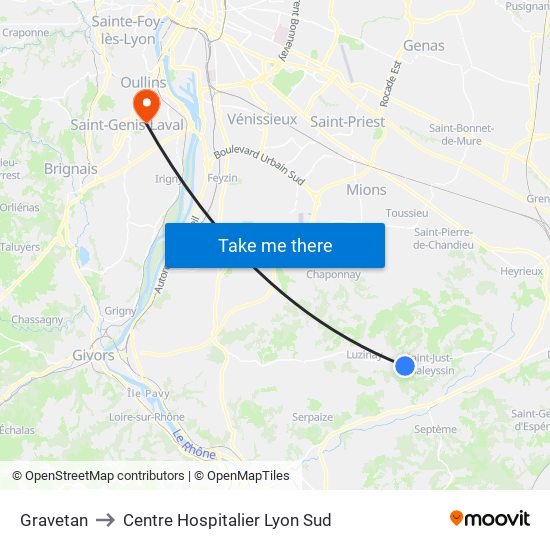 Gravetan to Centre Hospitalier Lyon Sud map