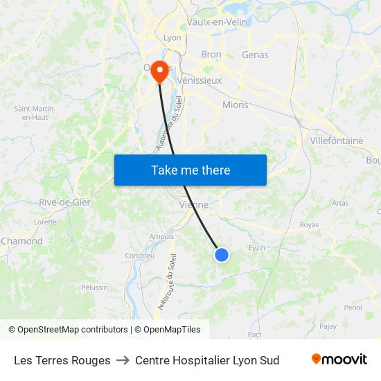 Les Terres Rouges to Centre Hospitalier Lyon Sud map