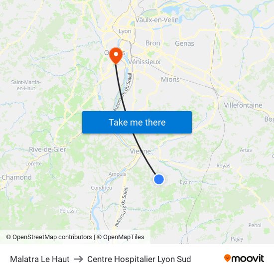 Malatra Le Haut to Centre Hospitalier Lyon Sud map