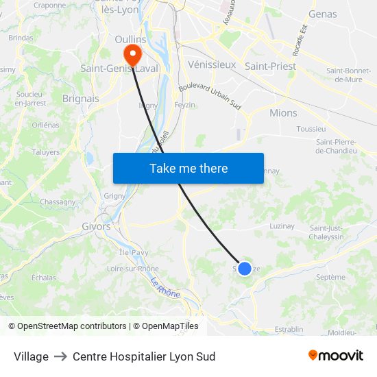 Village to Centre Hospitalier Lyon Sud map