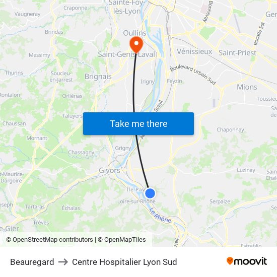 Beauregard to Centre Hospitalier Lyon Sud map