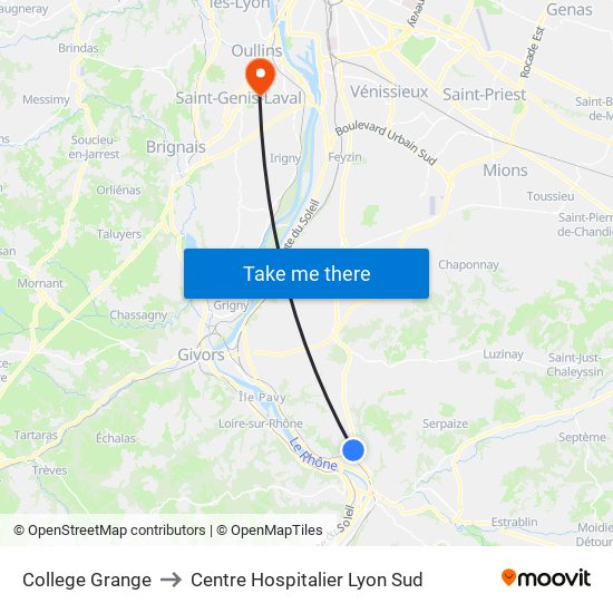 College Grange to Centre Hospitalier Lyon Sud map
