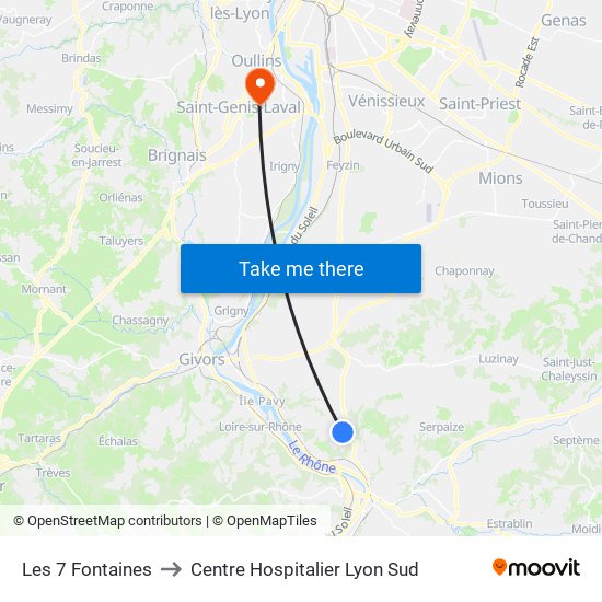 Les 7 Fontaines to Centre Hospitalier Lyon Sud map