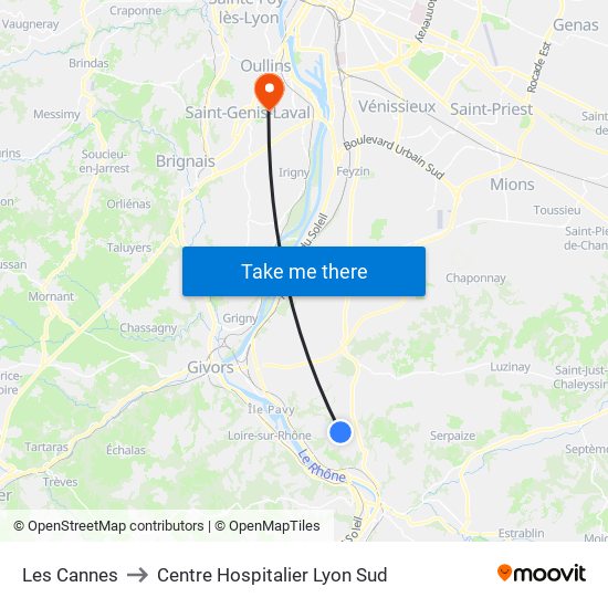 Les Cannes to Centre Hospitalier Lyon Sud map
