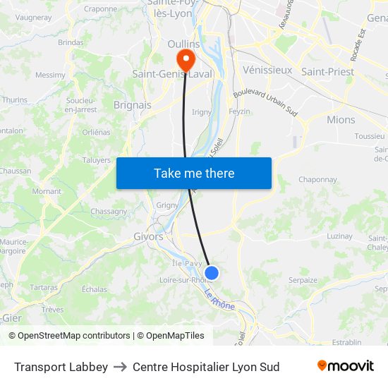 Transport Labbey to Centre Hospitalier Lyon Sud map