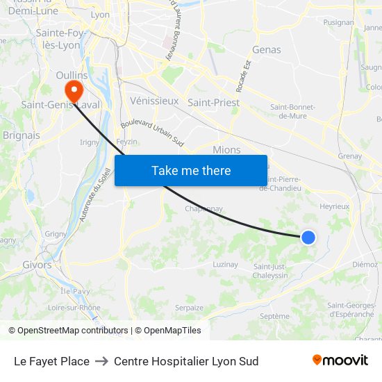 Le Fayet Place to Centre Hospitalier Lyon Sud map