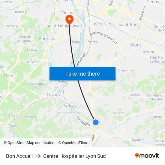 Bon Accueil to Centre Hospitalier Lyon Sud map