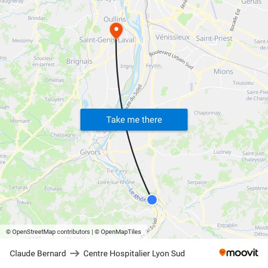 Claude Bernard to Centre Hospitalier Lyon Sud map