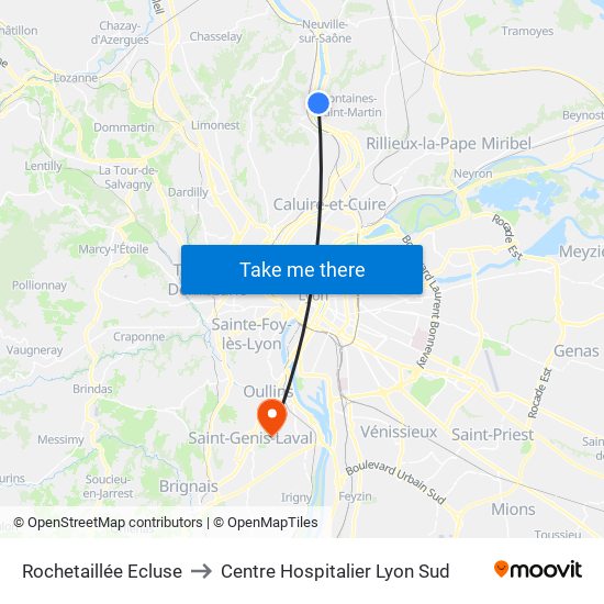 Rochetaillée Ecluse to Centre Hospitalier Lyon Sud map