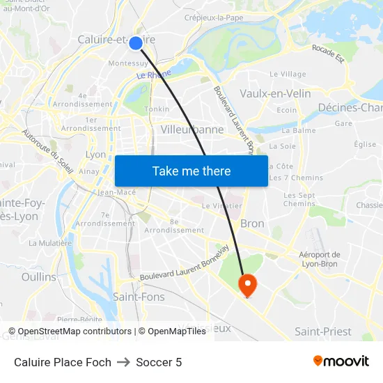 Caluire Place Foch to Soccer 5 map