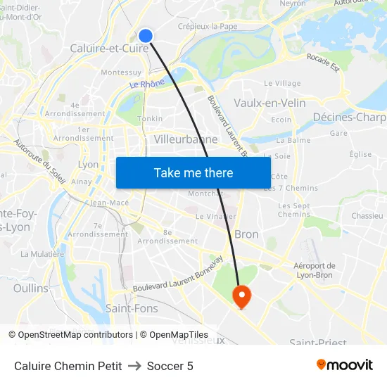 Caluire Chemin Petit to Soccer 5 map
