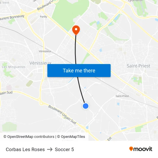 Corbas Les Roses to Soccer 5 map