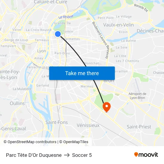 Parc Tête D'Or Duquesne to Soccer 5 map