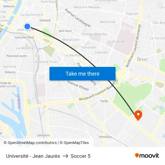 Université - Jean Jaurès to Soccer 5 map