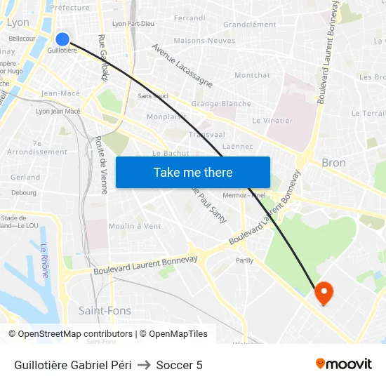 Guillotière Gabriel Péri to Soccer 5 map