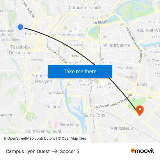 Campus Lyon Ouest to Soccer 5 map