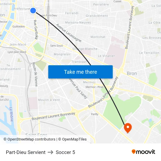 Part-Dieu Servient to Soccer 5 map