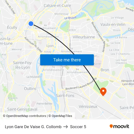 Lyon Gare De Vaise G. Collomb to Soccer 5 map