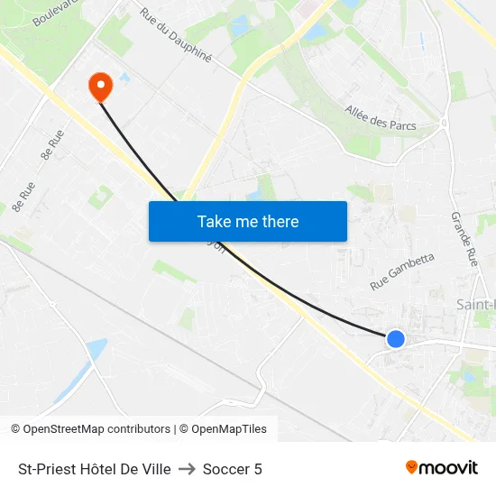 St-Priest Hôtel De Ville to Soccer 5 map