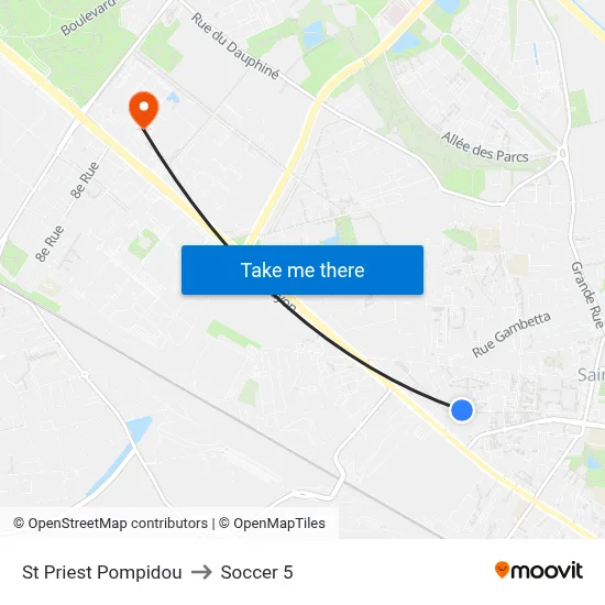 St Priest Pompidou to Soccer 5 map