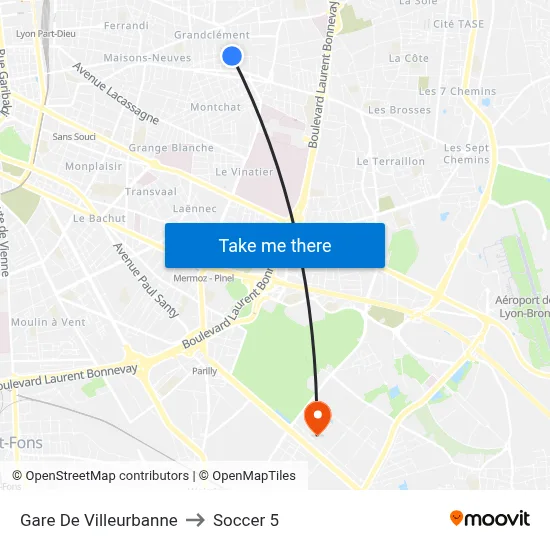 Gare De Villeurbanne to Soccer 5 map