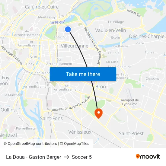 La Doua - Gaston Berger to Soccer 5 map