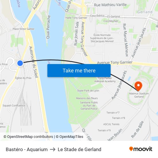 Bastéro - Aquarium to Le Stade de Gerland map