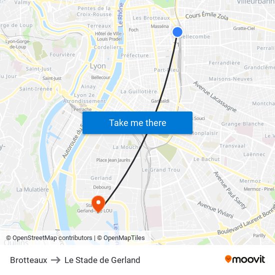 Brotteaux to Le Stade de Gerland map