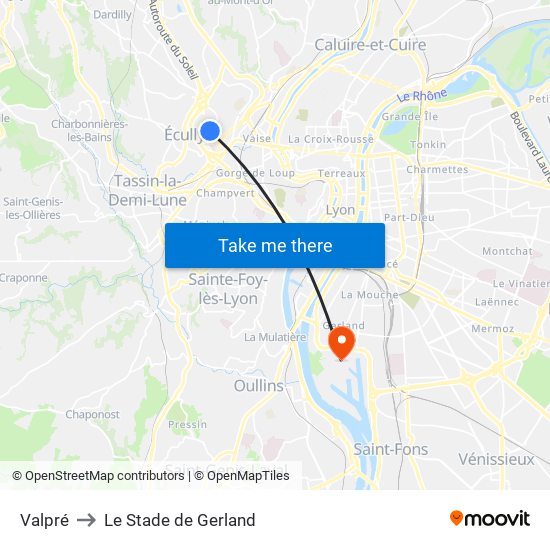 Valpré to Le Stade de Gerland map