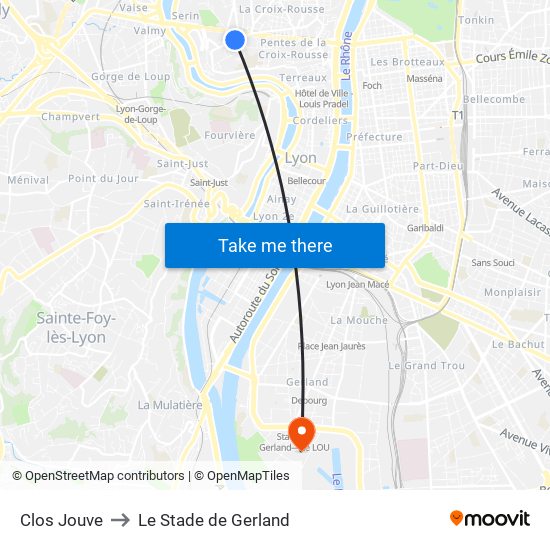 Clos Jouve to Le Stade de Gerland map