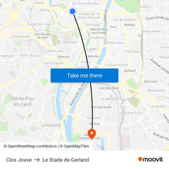 Clos Jouve to Le Stade de Gerland map