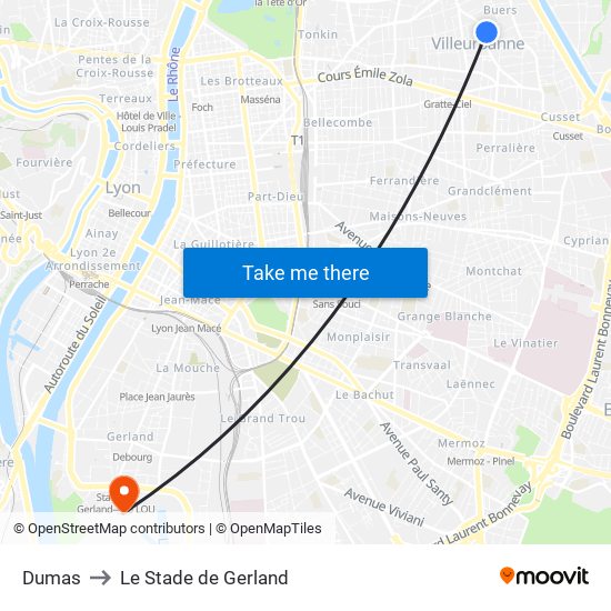 Dumas to Le Stade de Gerland map