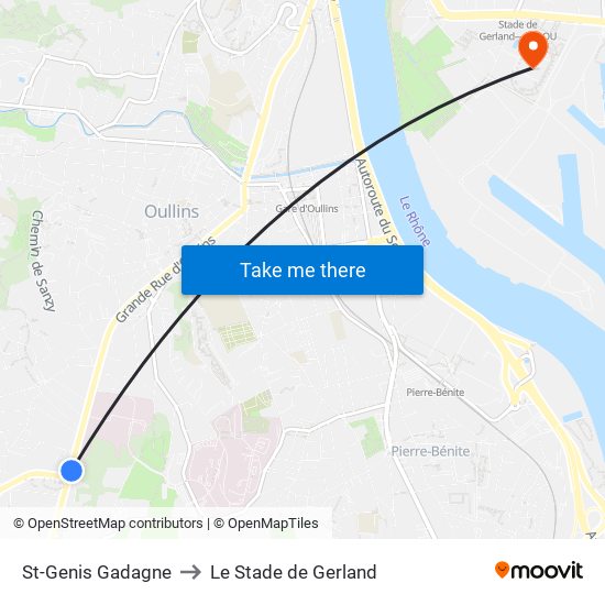 St-Genis Gadagne to Le Stade de Gerland map