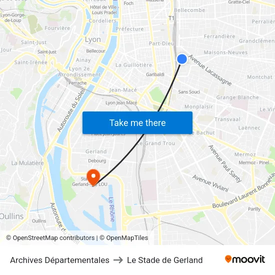 Archives Départementales to Le Stade de Gerland map