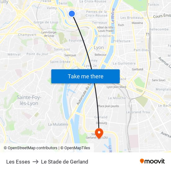 Les Esses to Le Stade de Gerland map