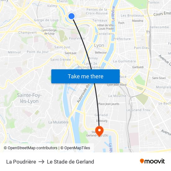 La Poudrière to Le Stade de Gerland map