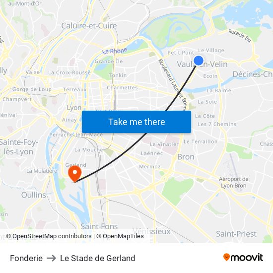 Fonderie to Le Stade de Gerland map