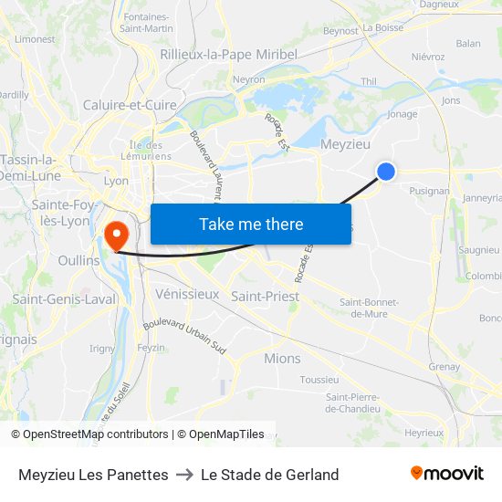 Meyzieu Les Panettes to Le Stade de Gerland map