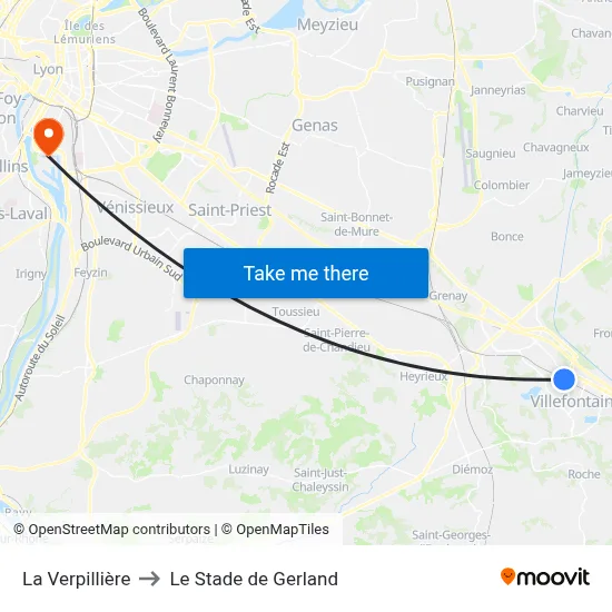 La Verpillière to Le Stade de Gerland map