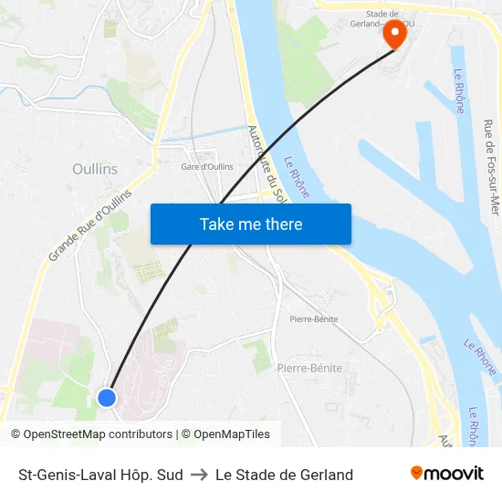 St-Genis-Laval Hôp. Sud to Le Stade de Gerland map