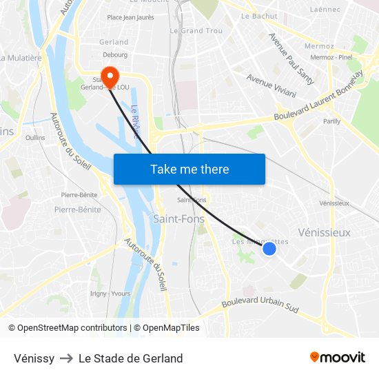 Vénissy to Le Stade de Gerland map