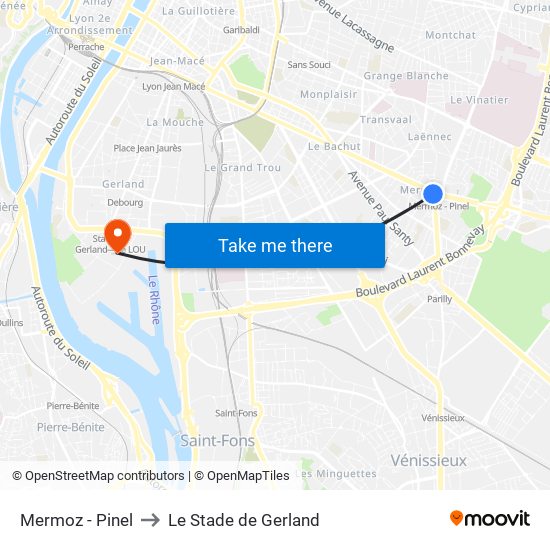 Mermoz - Pinel to Le Stade de Gerland map