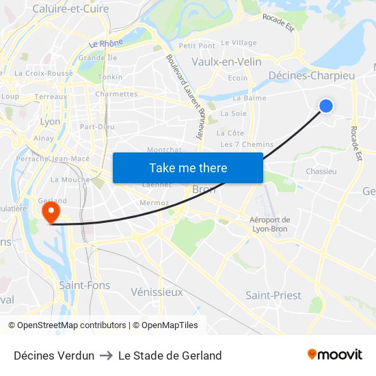 Décines Verdun to Le Stade de Gerland map