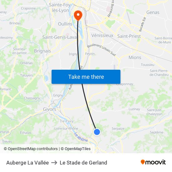 Auberge La Vallée to Le Stade de Gerland map
